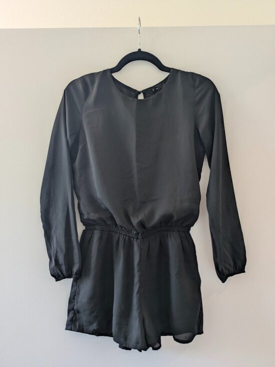 Lucca Pants - Lucca Couture Black Long Sleeve Sheer Romper with Pockets, Size XS